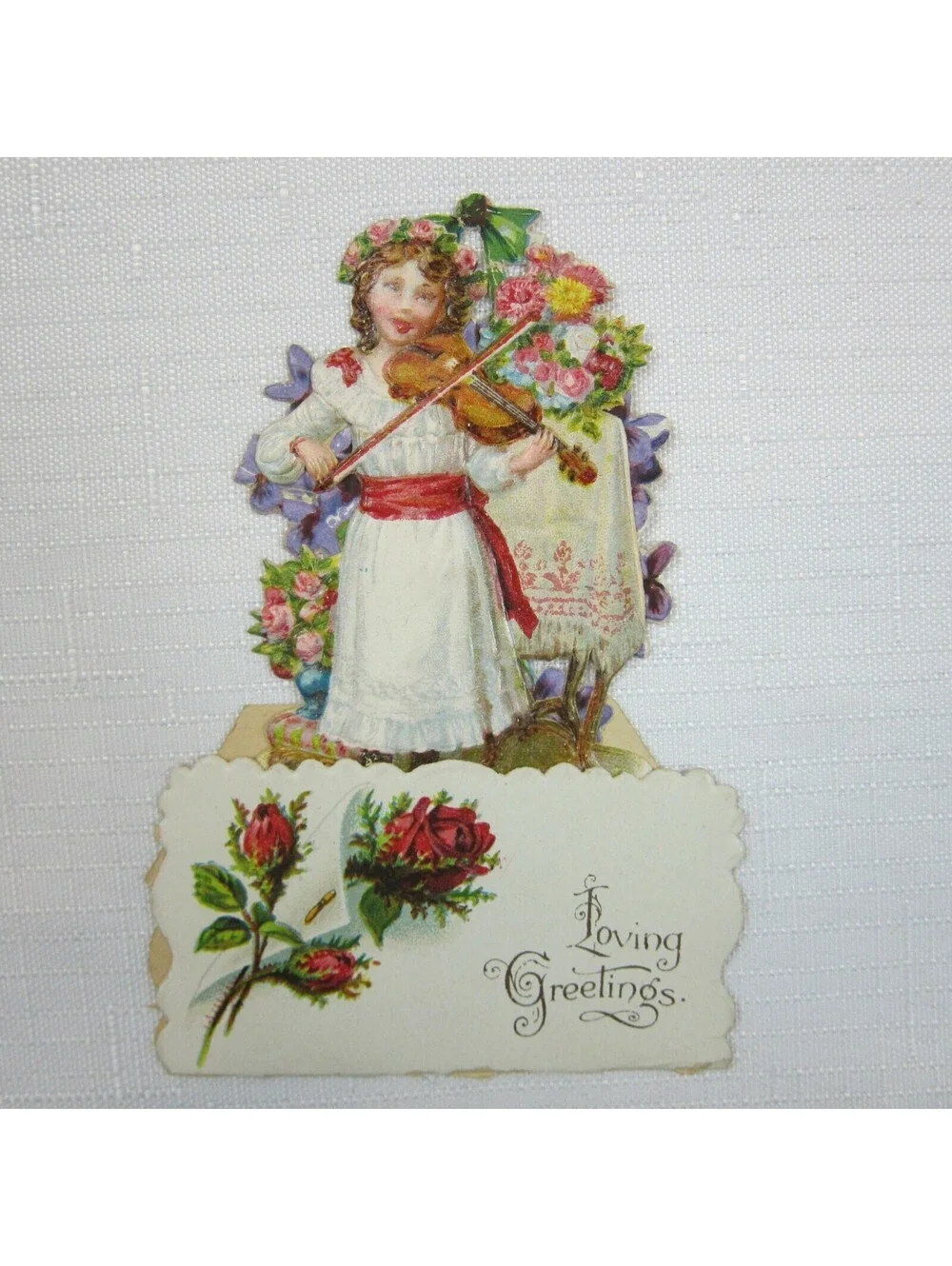 Vintage Valentine Pop Up 3D Die Cut Girl Plays Violin Pull Down Germany 1920-30s